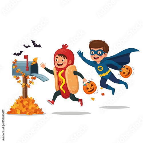 Two children in Halloween costumes, a hot dog and a superhero, running towards a mailbox, collecting candy pumpkins.