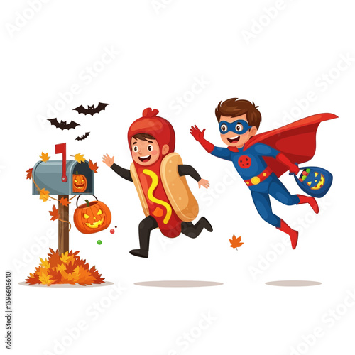 Two children in Halloween costumes, a hot dog and a superhero, running towards a mailbox filled with Halloween decorations.