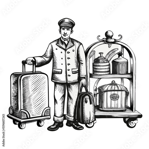 Bellboy standing with luggage and service cart for hotel concept  