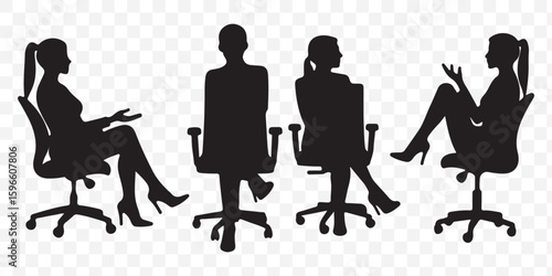 Silhouettes of business people sitting, men and women sit on armchair, office chair with laptop, tablet, front, side view. Vector illustration isolated black on white background. Icons set, bundle