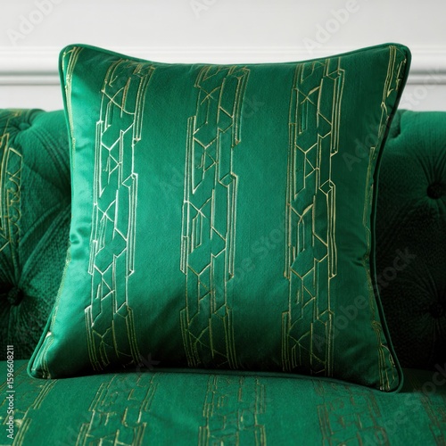 Emerald green pillow with gold geometric pattern, luxurious comfort