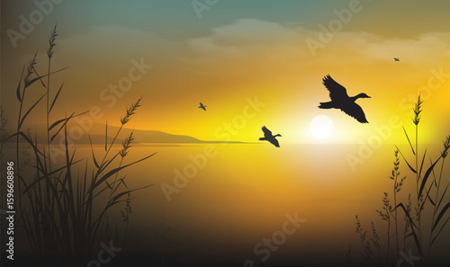 Cane reeds thickets and ducks silhouette flying over a lake (river) against the evening sky with clouds at sunset. Bright colorful shadow landscape. Realistic vector drawing.