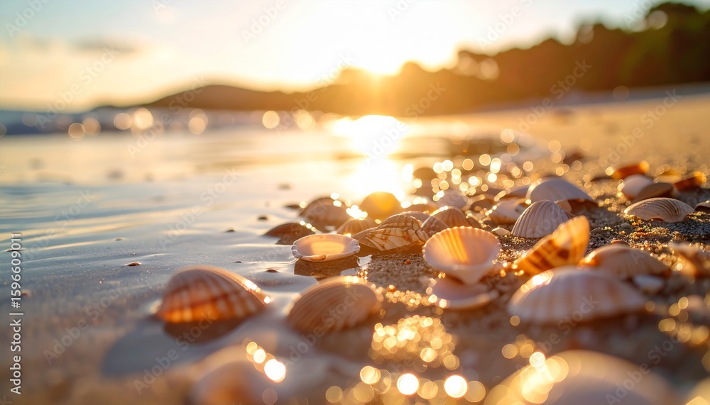 Obraz premium Vibrant Seashells on Shore Glowing in Soft Sunset Light