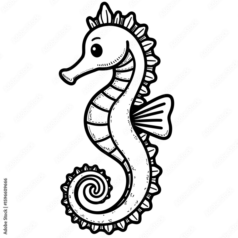 Naklejka premium Cute seahorse illustration for kids – Black and white coloring book design