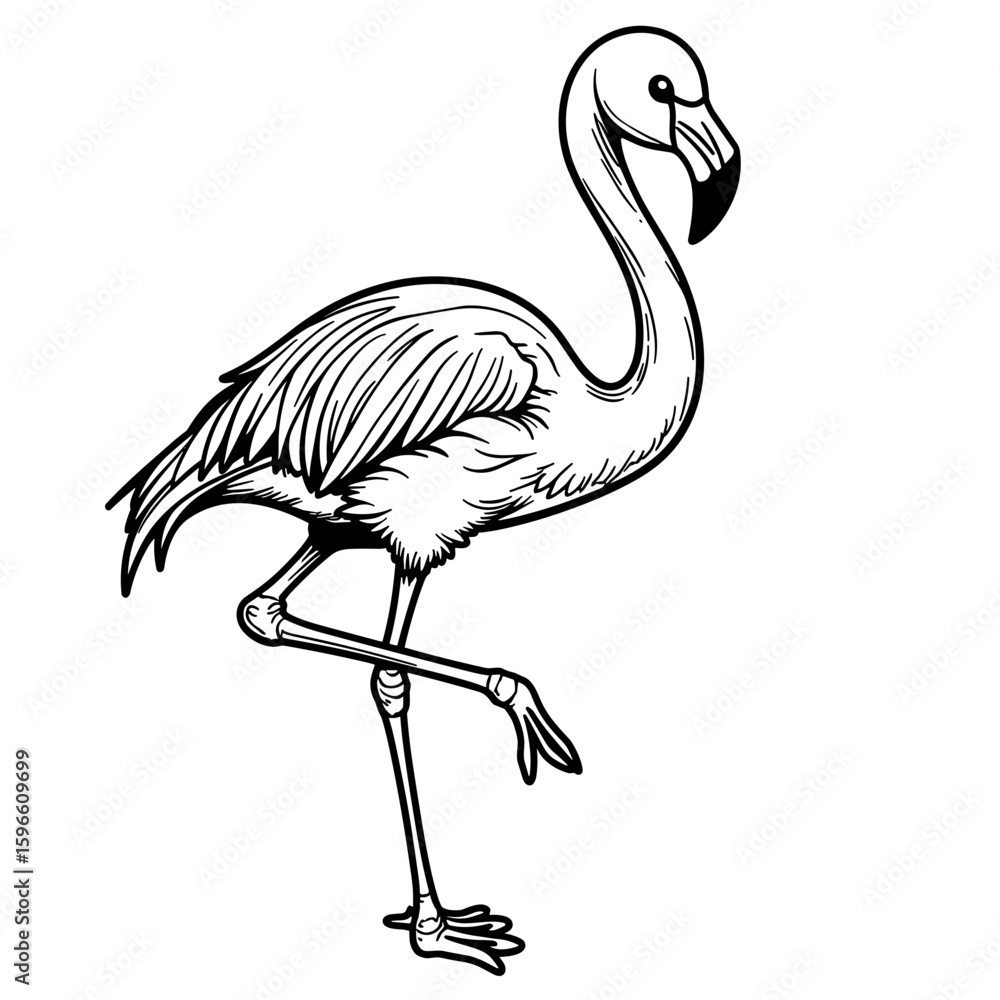 Fototapeta premium Flamingo standing on one leg – Cute coloring design for kids, black and white