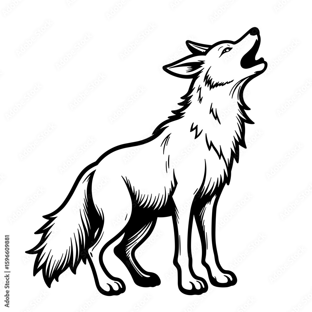 Fototapeta premium Coyote howling, hand-drawn coloring design for kids, black and white