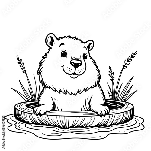 Capybara in hot spring coloring book – Cute and easy kids drawing, black and white