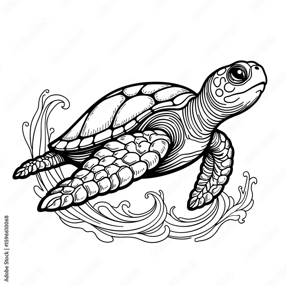 Fototapeta premium Abstract leatherback turtle in waves – Kids coloring page, fun activity