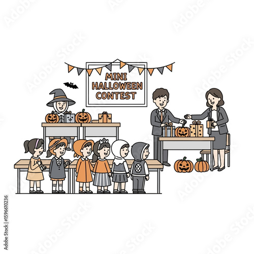 Children in Halloween costumes line up for a contest, receiving prizes from adults at a table decorated with pumpkins.