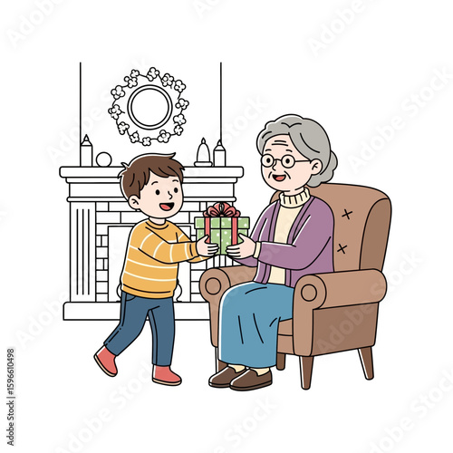 A young boy joyfully gives a Christmas gift to his smiling grandmother by a fireplace.