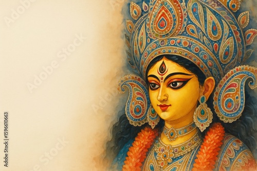Goddess durga portrait illustration in watercolor style.