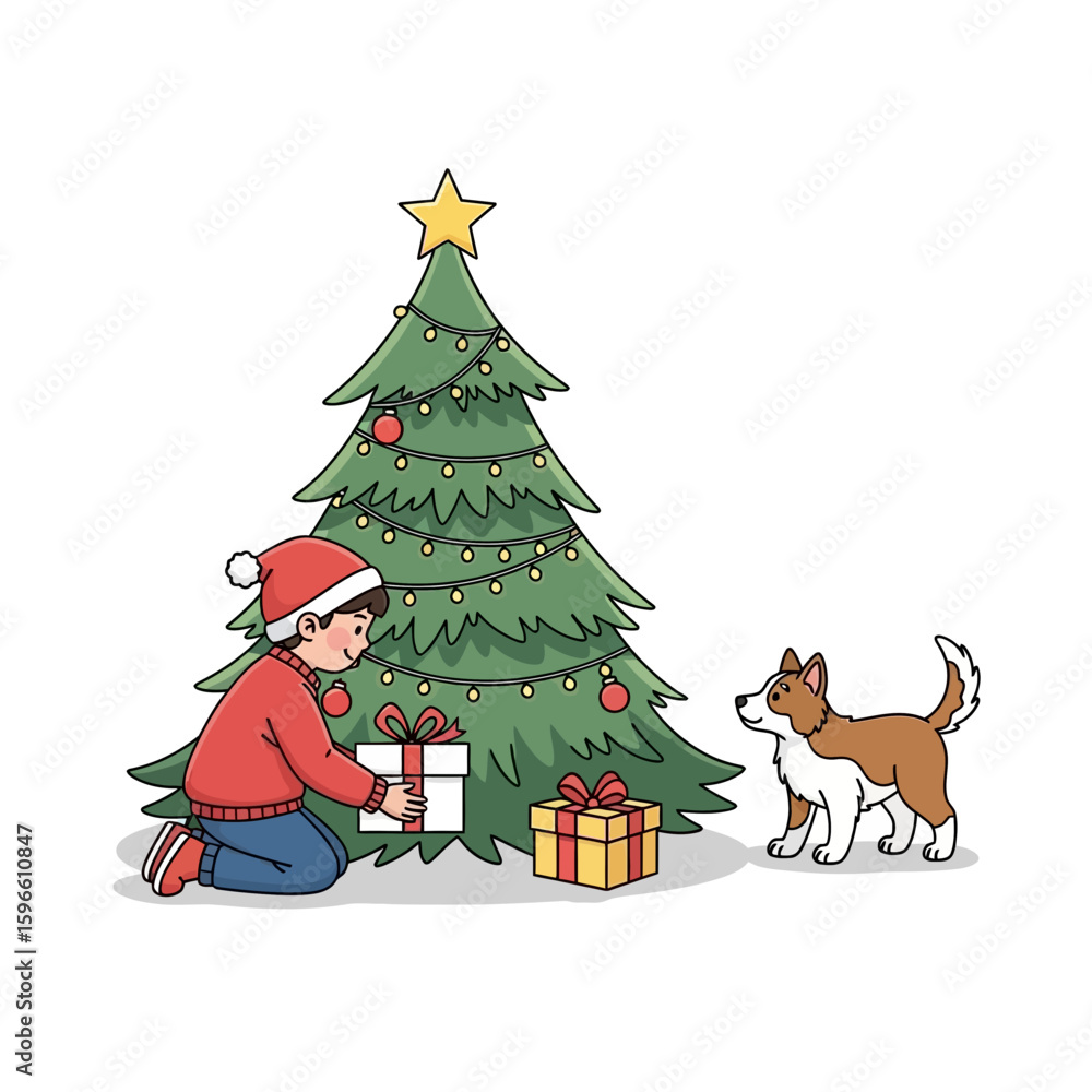 Naklejka premium A child in a Santa hat opens a gift with a dog at Christmas.