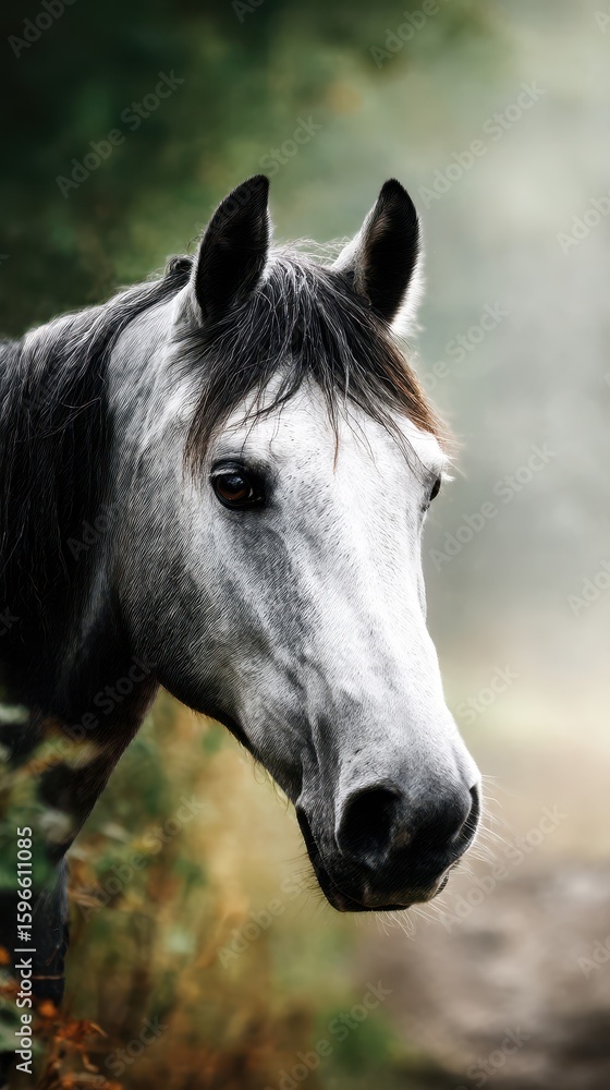 Naklejka premium Majestic gray horse standing in soft mist among green foliage during early morning hours