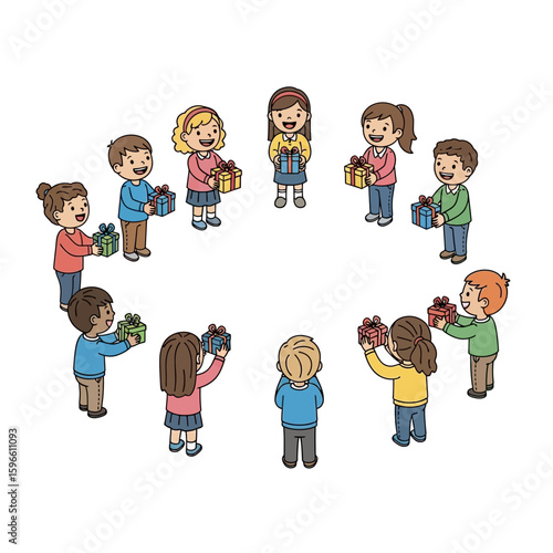 Children in a circle, exchanging gifts, celebrating a special occasion.