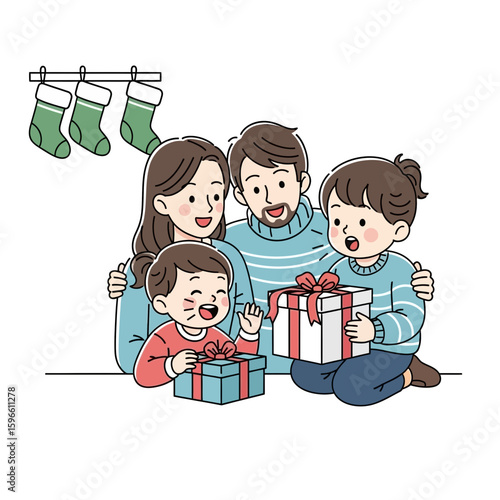 Happy family opening Christmas presents together, joyful expressions, festive stockings.