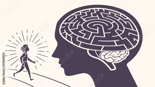 Silhouette of a person walking towards a head with a maze inside representing mental complexity and thought