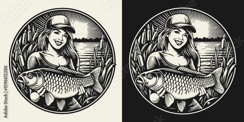 Logo of a female angler holding a big carp. Strong woman fishing design in black and white silhouette style.