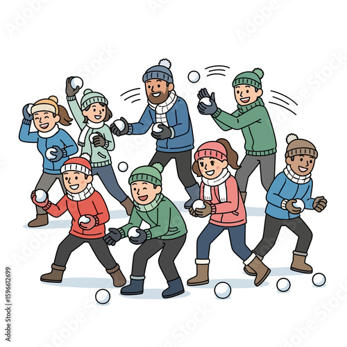 A group of people enjoying a winter snowball fight, having fun outdoors.