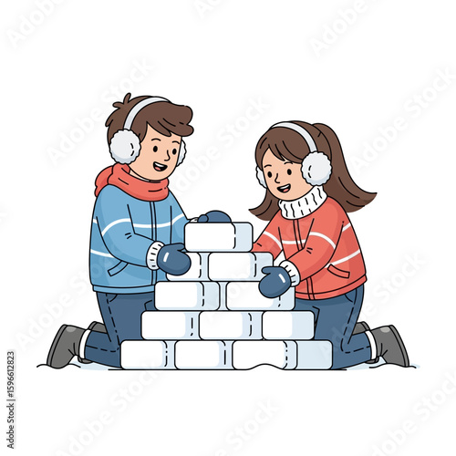 Two children, a boy and a girl, are building an igloo out of snow blocks, dressed in winter clothes.