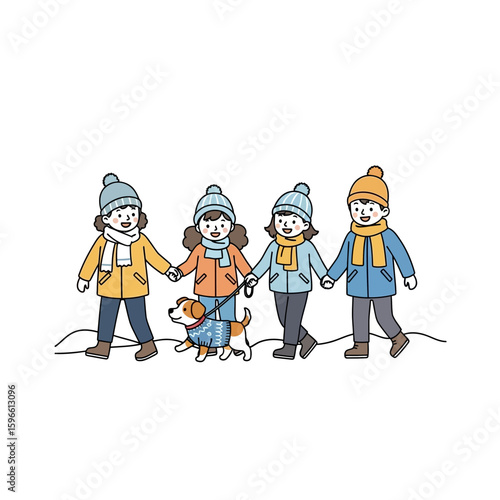 Four children and a dog walking together in the snow, dressed warmly for winter.