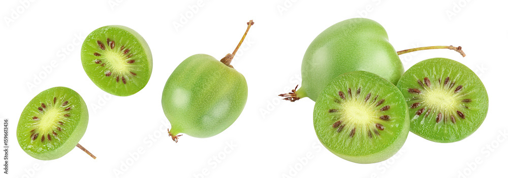 Fototapeta premium mini kiwi baby fruit or actinidia arguta isolated on white background with full depth of field. Top view. Flat lay