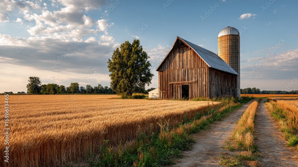Obraz premium Barn and Silo in Wheat Field