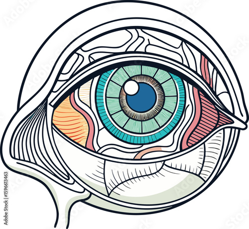 "Single-line drawing of eye anatomy showing internal structures from a side profile cutaway view."