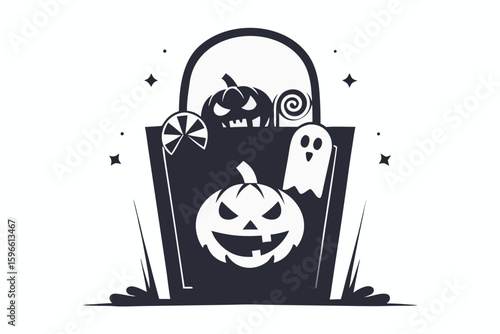 Bucket filled with Halloween treats like pumpkins, ghost and candy against a white background