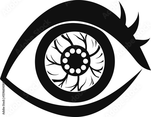 "Silhouette cross-section of human eye with bold black shapes representing internal structures."