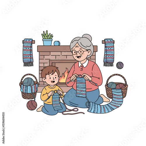 Grandmother and grandson knitting together by a fireplace, creating colorful scarves in a cozy, domestic setting.