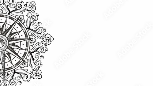 Ornate Compass Rose Mandala with Floral Elements - Black and White Vector Design, 4K, loop animation
