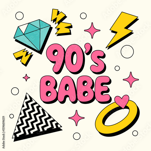 Retro 90s babe graphic with diamond and lightning bolt