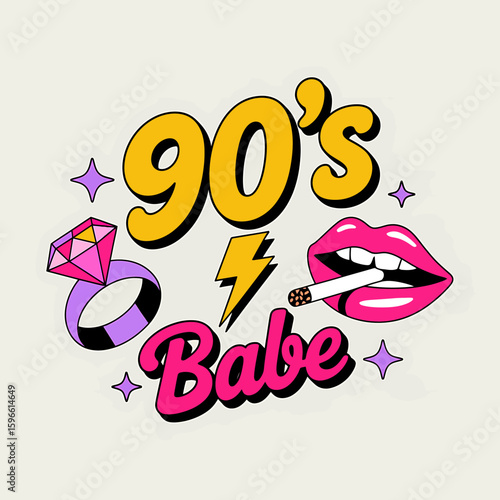 Retro 90s babe with diamond ring and smoking lips