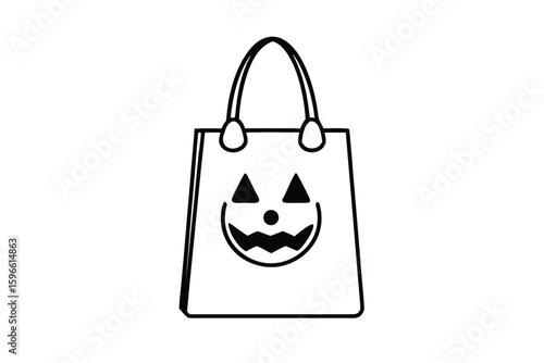 A simplistic outline of a tote bag with a carved pumpkin face is presented