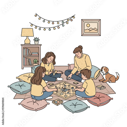 A family enjoys a game of checkers in a cozy living room decorated with warm lighting and festive decorations.
