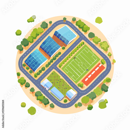 An isometric aerial view of a modern urban community center featuring solar panels, a sports field, and recreational areas surrounded by trees and pathways.