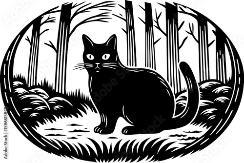 Black Cat with Glowing Eyes in a Mystical Forest vector illustration