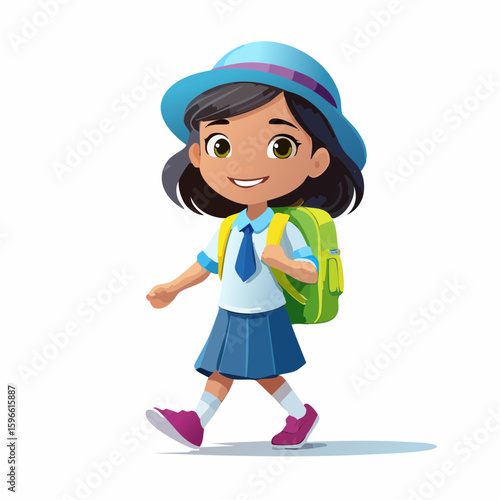 Cheerful young schoolgirl wearing a blue hat and carrying a green backpack walks confidently with a smile on her face.