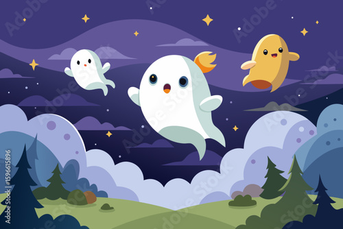 Cartoon Ghosts Flying in a Night Sky vector illustration
