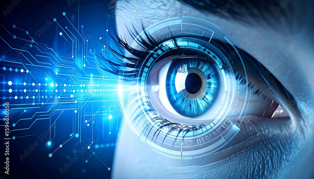 Close-up eye with digital circuitry overlay Close-up eye with digital circuitry overlay