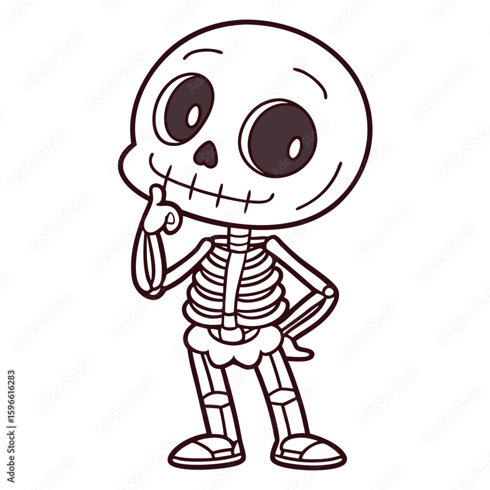 Fototapeta premium Outlined cartoon skeleton contemplates with finger on chin while posing for spooky season