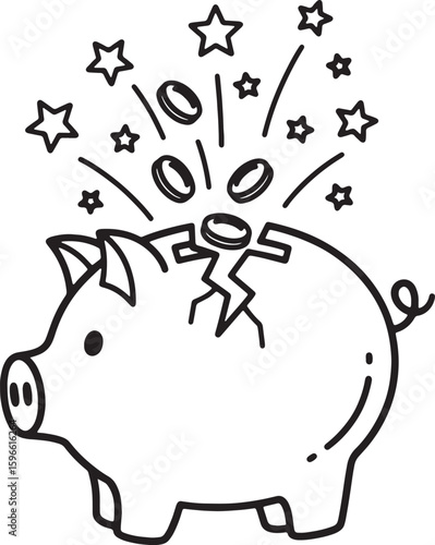 Breaking Piggy Bank with Money and Stars Icon - Financial Breakthrough and Success