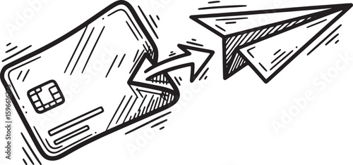 Credit Card to Paper Airplane Hand Draw Icon - Fast Online Payments and Digital Transactions