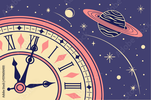 New Year Clock Glowing in Space Theme Background vector illustration