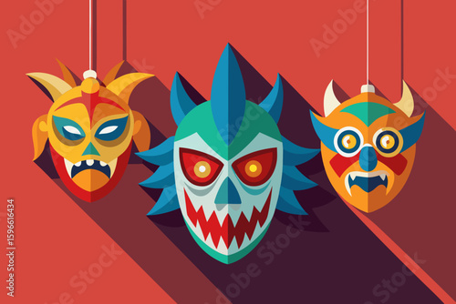 Scary Carnival Masks on Wall with Shadow vector illustration