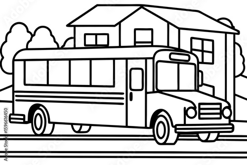 School Bus Front View with Background of Suburbs vector illustration