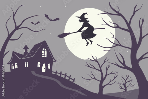 Witch Flying Over a Creepy Village Under Moonlight vector illustration