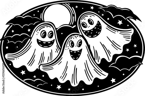 Cartoon Ghosts Flying in a Night Sky vector illustration