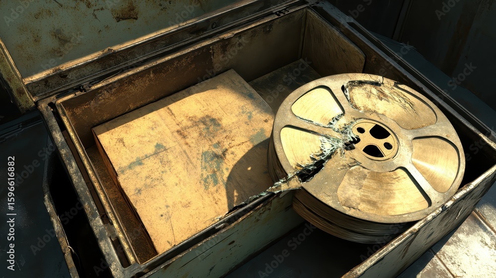 Fototapeta premium Vintage Film Reel and Wooden Box in Dimly Lit Environment