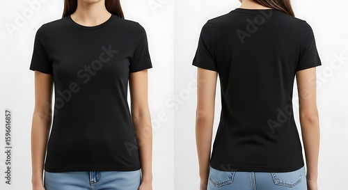 A woman is wearing a black tshirt isolated on white background